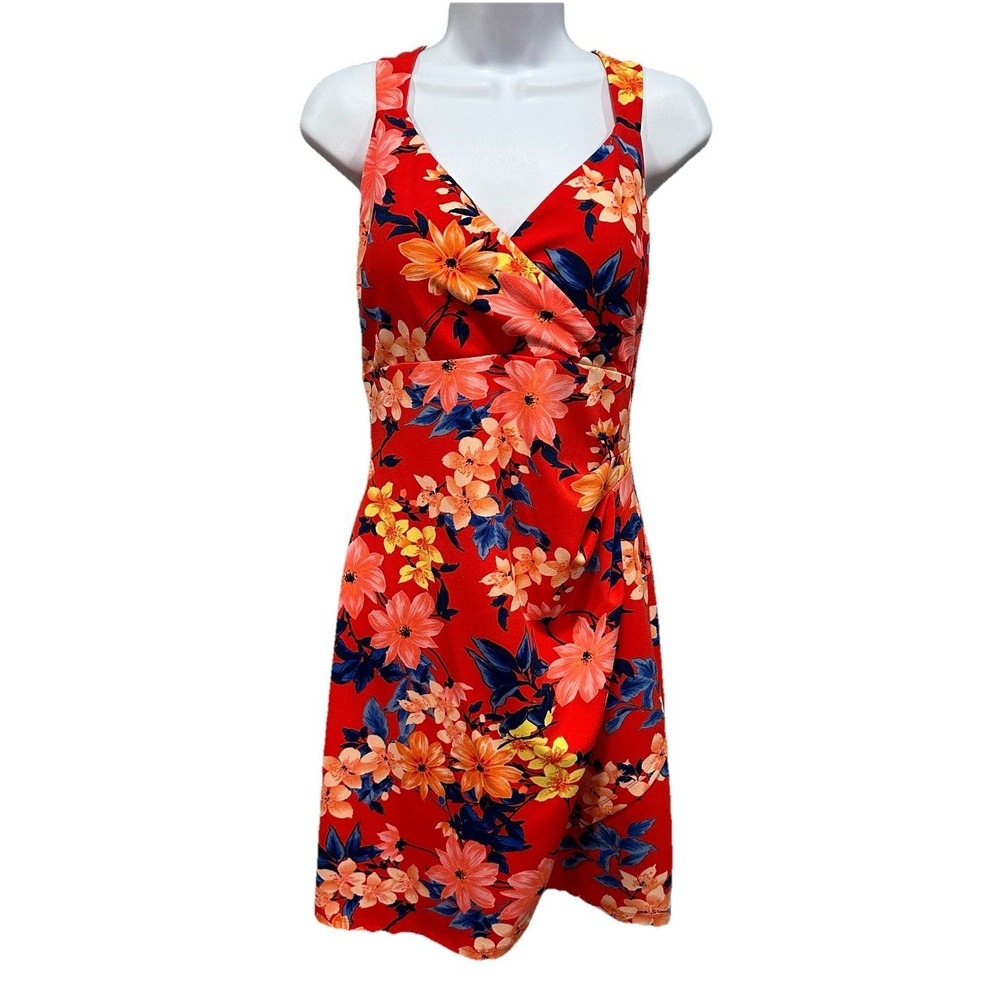 Guess Mini Dress Women's 14 Red Multi Color Floral Print Sleeveless Zip Stretch